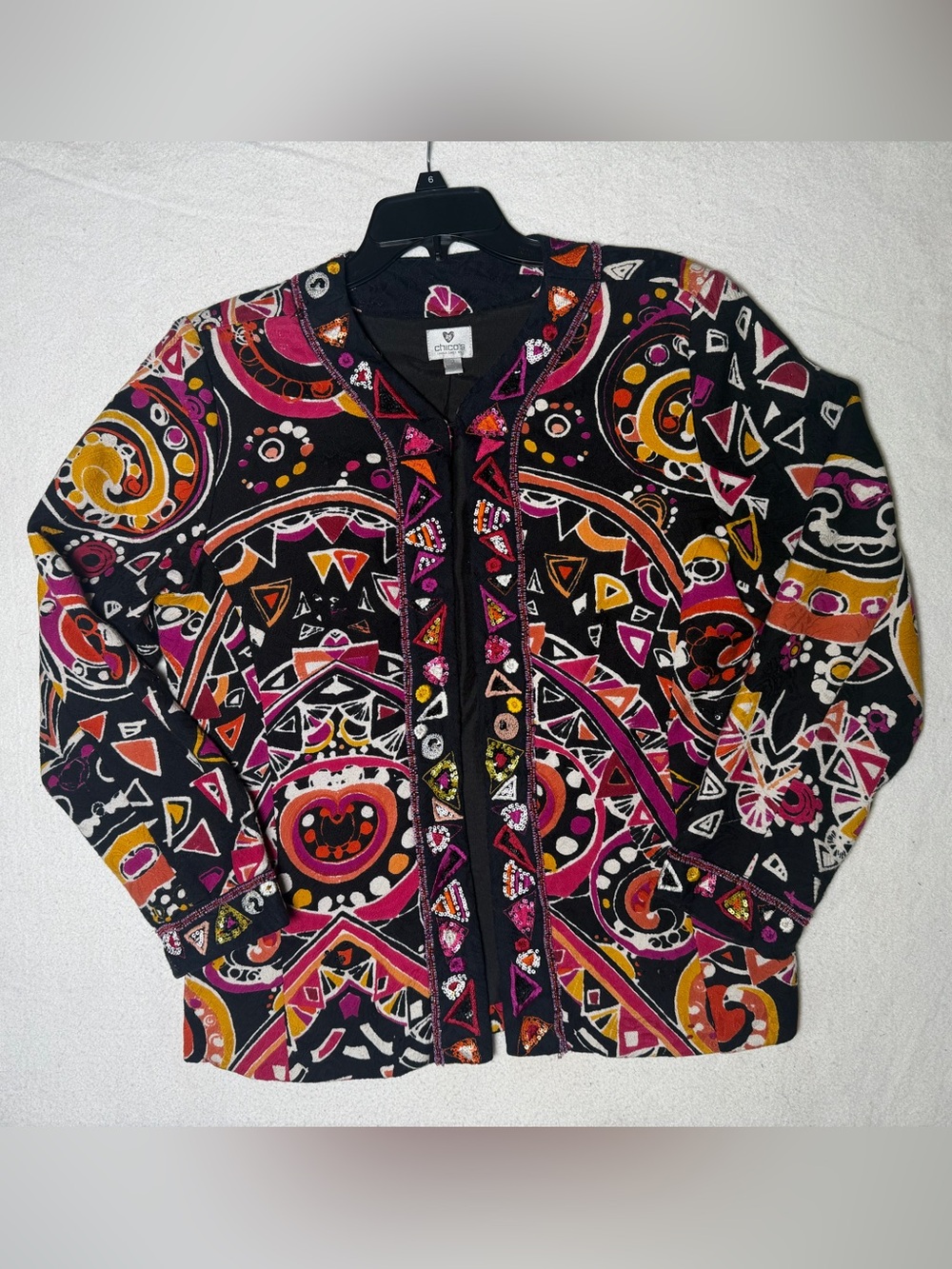 Chico's Geometric Print Embellished Jacket Sz 2 Large Art To Wear Beaded Sequin